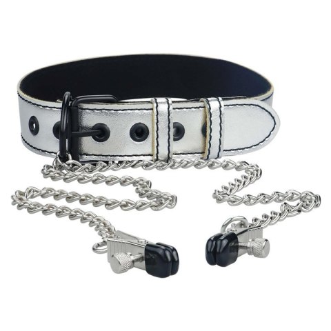 Metallic Silver Collar With Nipple Clamp Metallic Silver Collar With Nipple Clamp