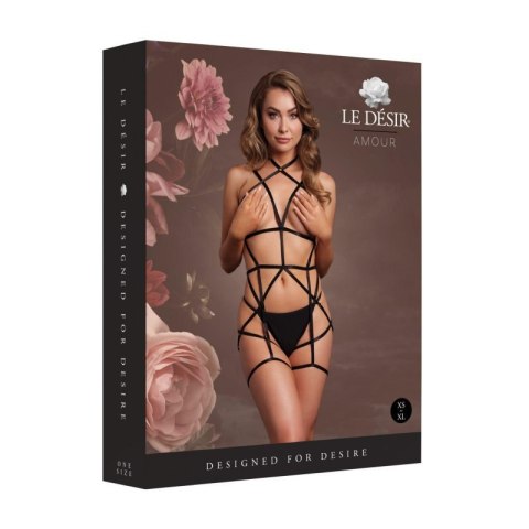 Strappy Open Cup Body Harness with Garters - One Size - Black Strappy Open Cup Body Harness with Garters - One Size - Black